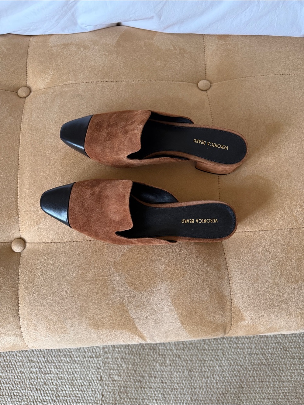 Veronica Beard Tan Suede Mules with Black Cap Toe